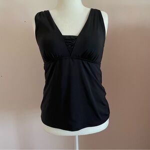 Land's End Black Tummy Control Grecian Tankini Swimsuit Top Adjustable Size 14